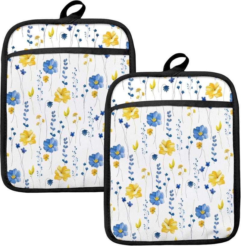 HUGANE Blue and Yellow Floral Oven Mitts Set, Blue Flower Floral Heat Resistant Kitchen Oven Gloves for Baking and Cooking,Pot Holders - Image 1